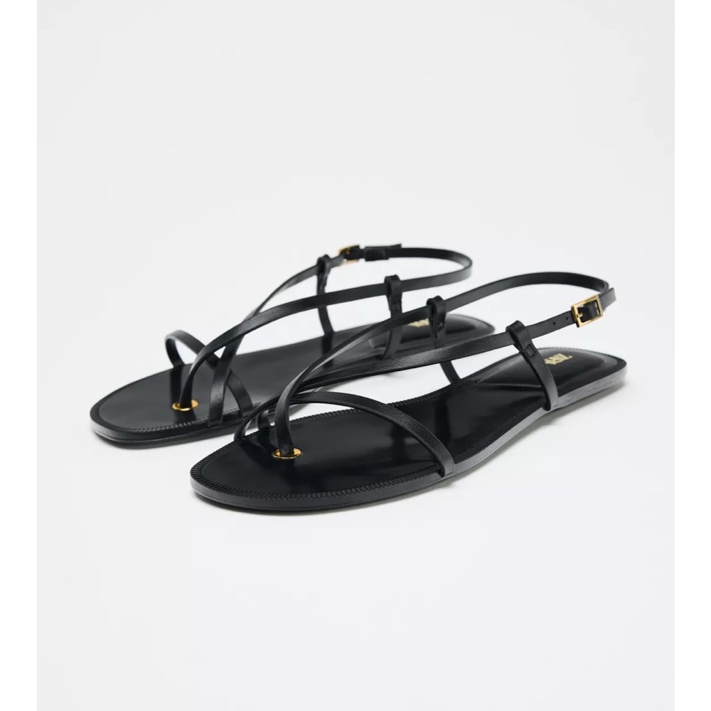 Like New—ZARA Flat Black Sandals with metallic details